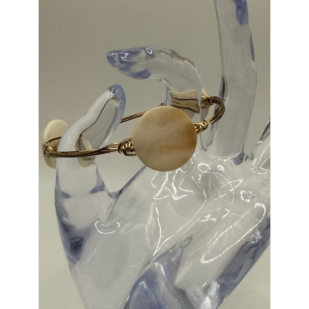 Wire Wrapped Bangle Bracelet Cream Stone Or Shell Size 7.75